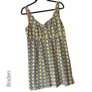 BODEN | CLAIRE SEASHELL MINI DRESS EMPIRE WAIST NAVY BLUE & YELLOW | 8 PETITE